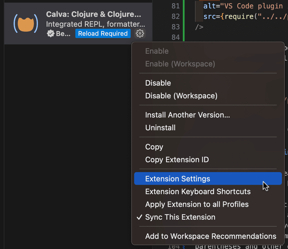 Calva extension settings