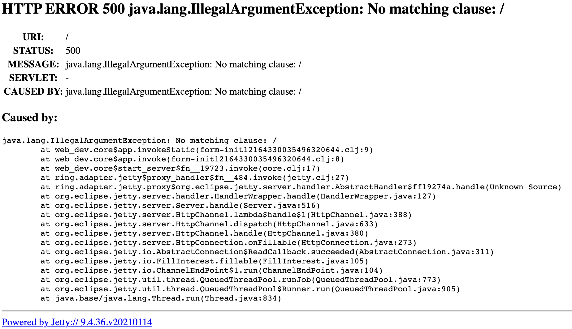 Browser view of Stack Trace for No Matching Clause exception