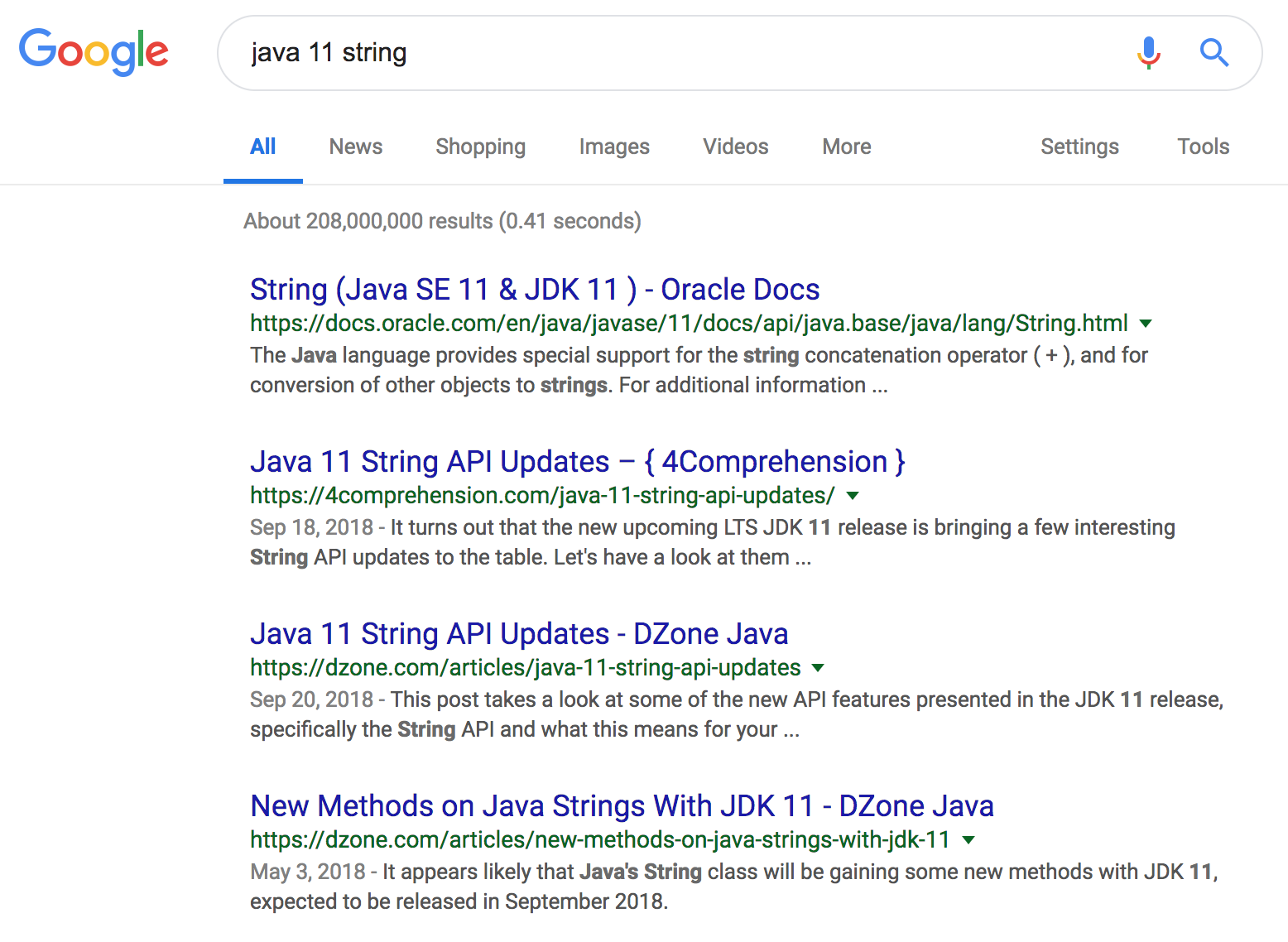Searching for "java 11 string" gives me the correct
javadoc