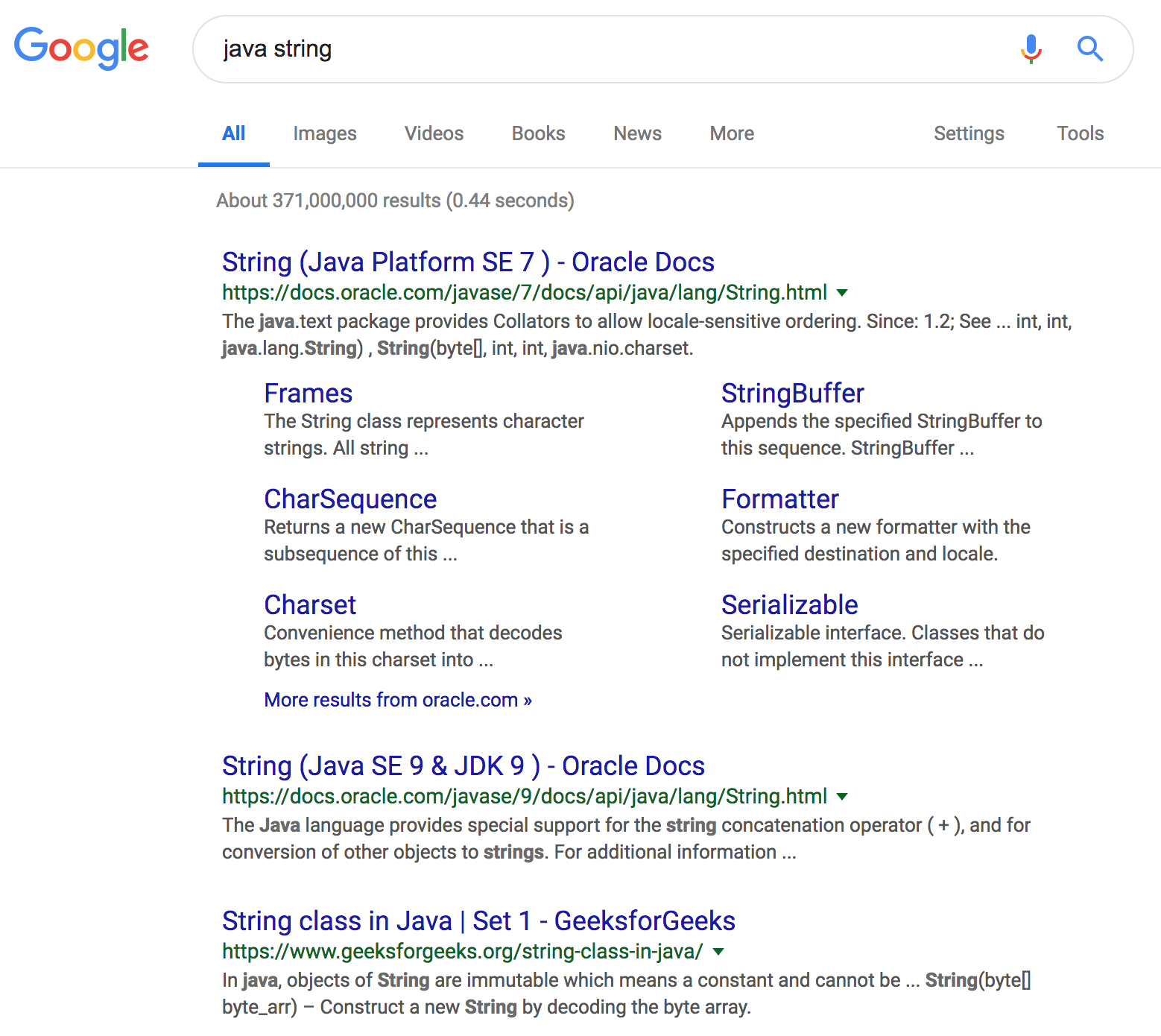 Google search for "java string" showing Java 7
docs